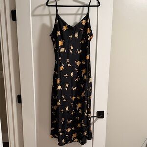 Forever 21 Satin Black and Yellow Floral Midi Dress